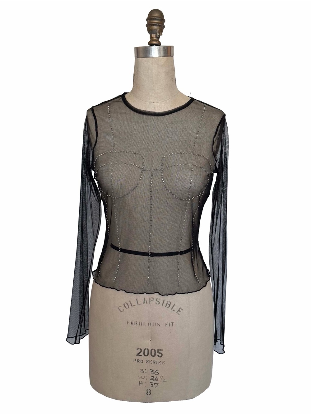 Sheer Black Long-Sleeve Mesh Top with Rhinestone Detailing